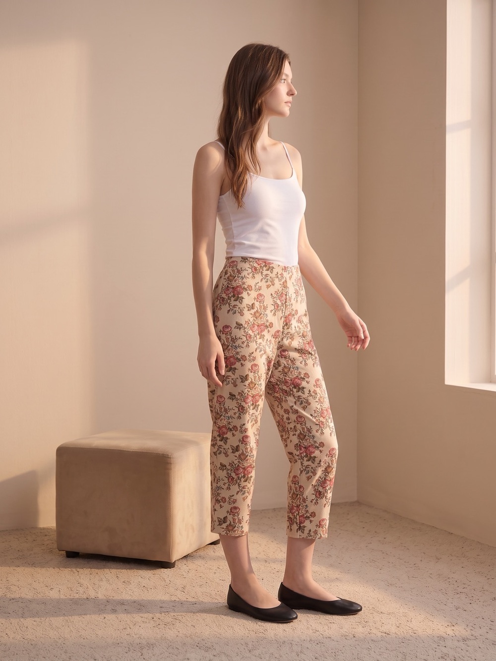 Cottagecore Floral Print Beige Capri Cropped Pull-On Pants. Coquette girl. Boho.